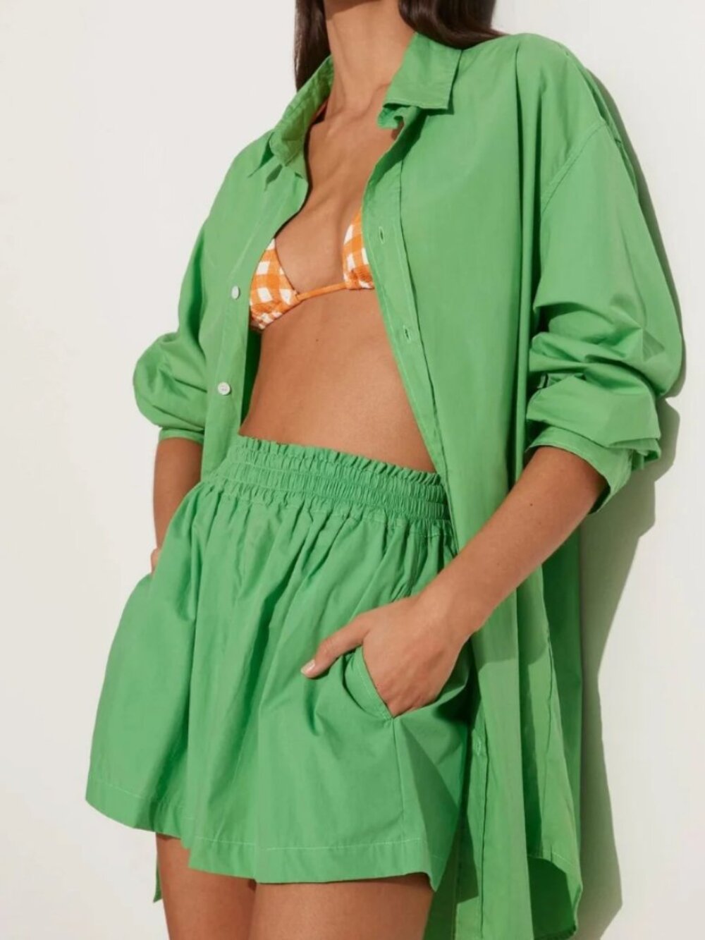 Faithfull the Brand Vega shirt dress and Elva Shorts in Green